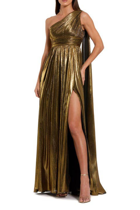 Petite One Shoulder Metallic Stretch Gown With Float