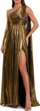 Mac Duggal One Shoulder Metallic Stretch Gown With Float