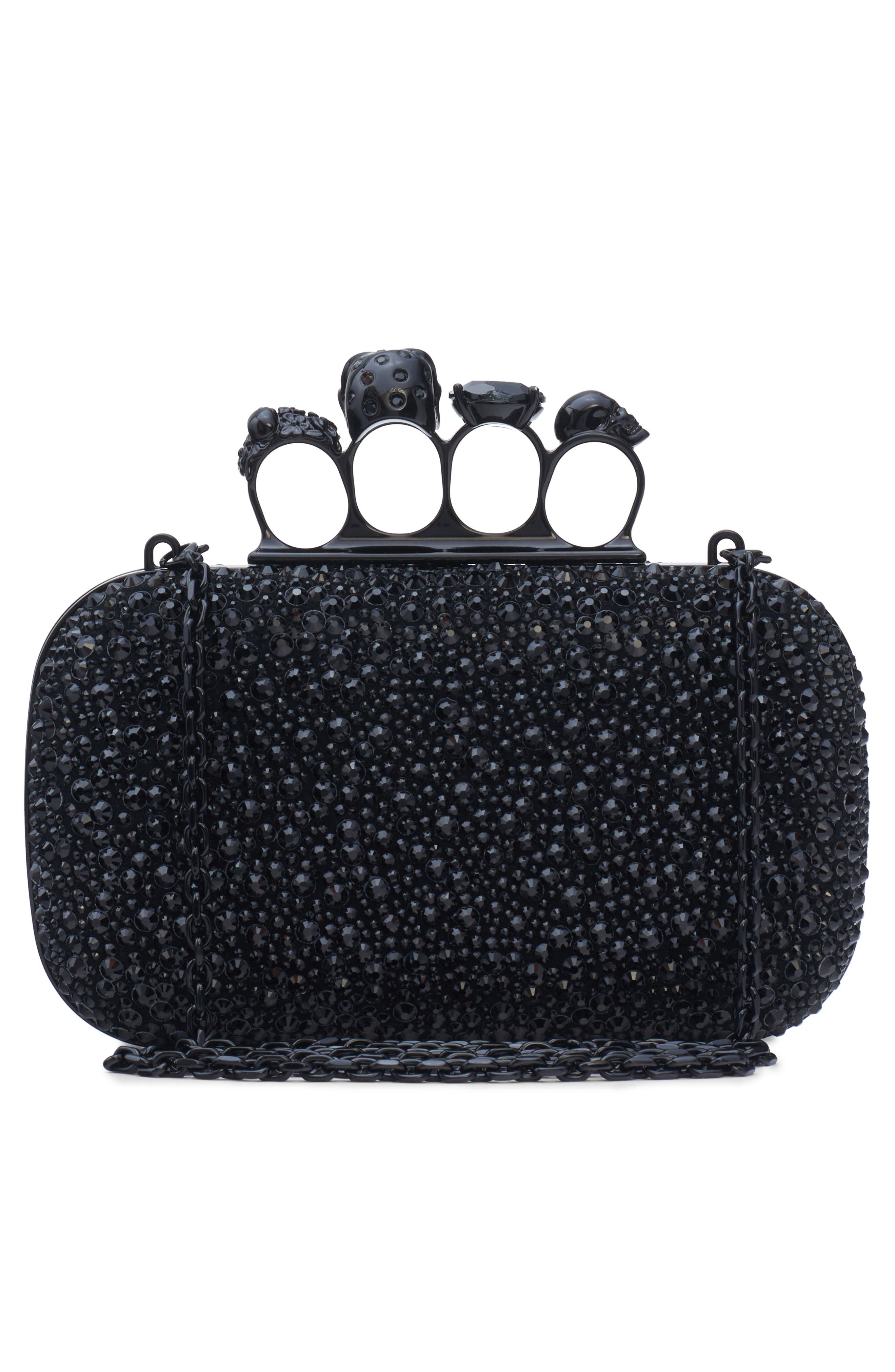 McQueen Skull Crystal Embellished Four-Ring Box Clutch, Alternate, color, Black/Black