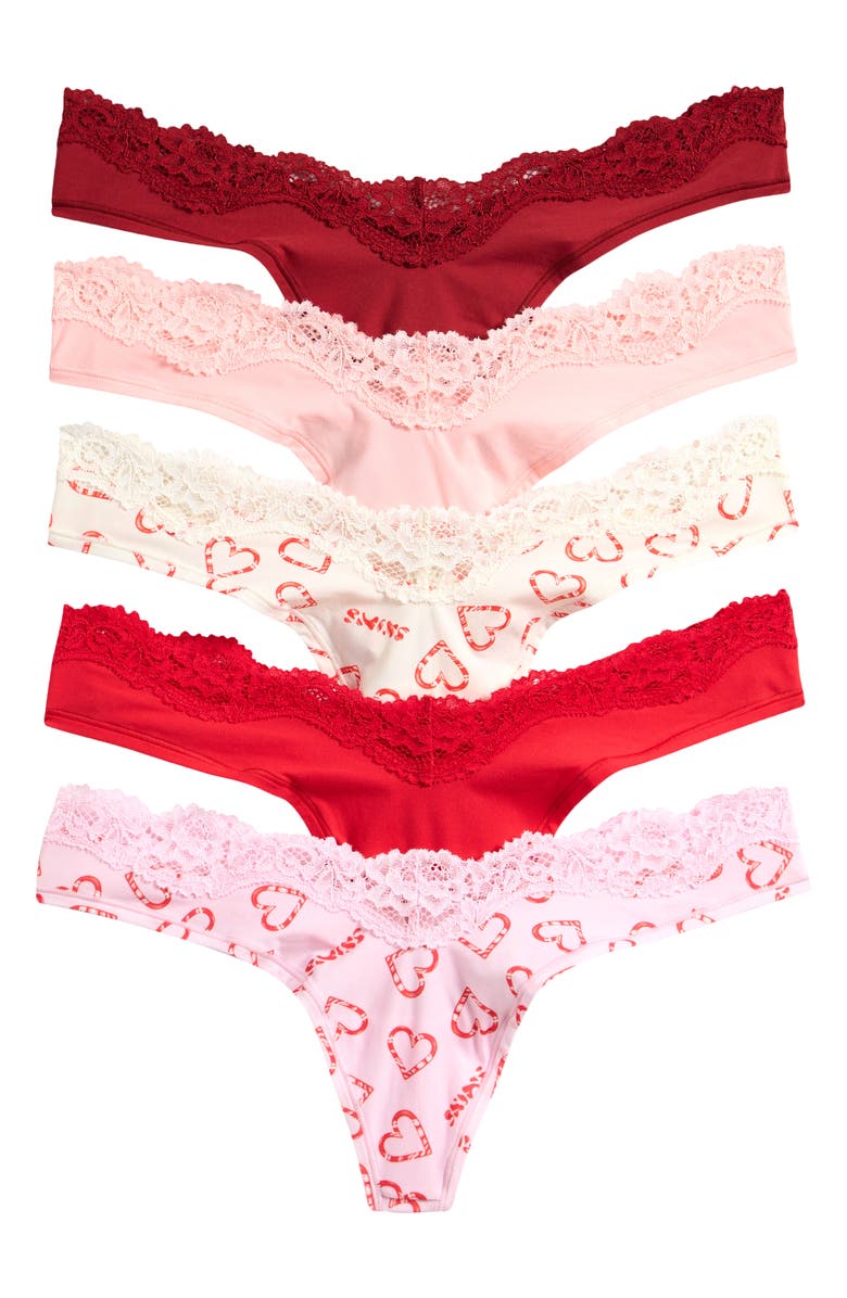 SKIMS 5-Pack Fits Everybody Lace Dipped Thong, Main, color, Candy Heart Multi