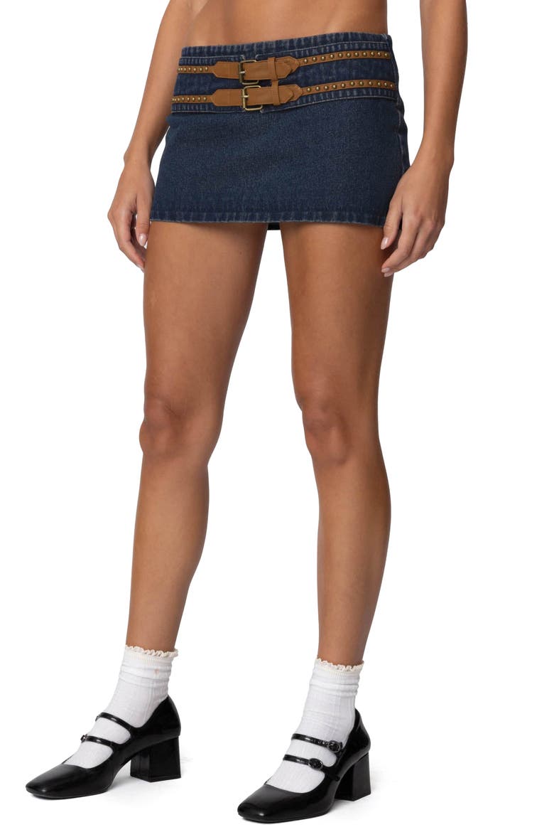 Skye Double Buckle Low Rise Denim Miniskirt, Alternate, color, BLUE