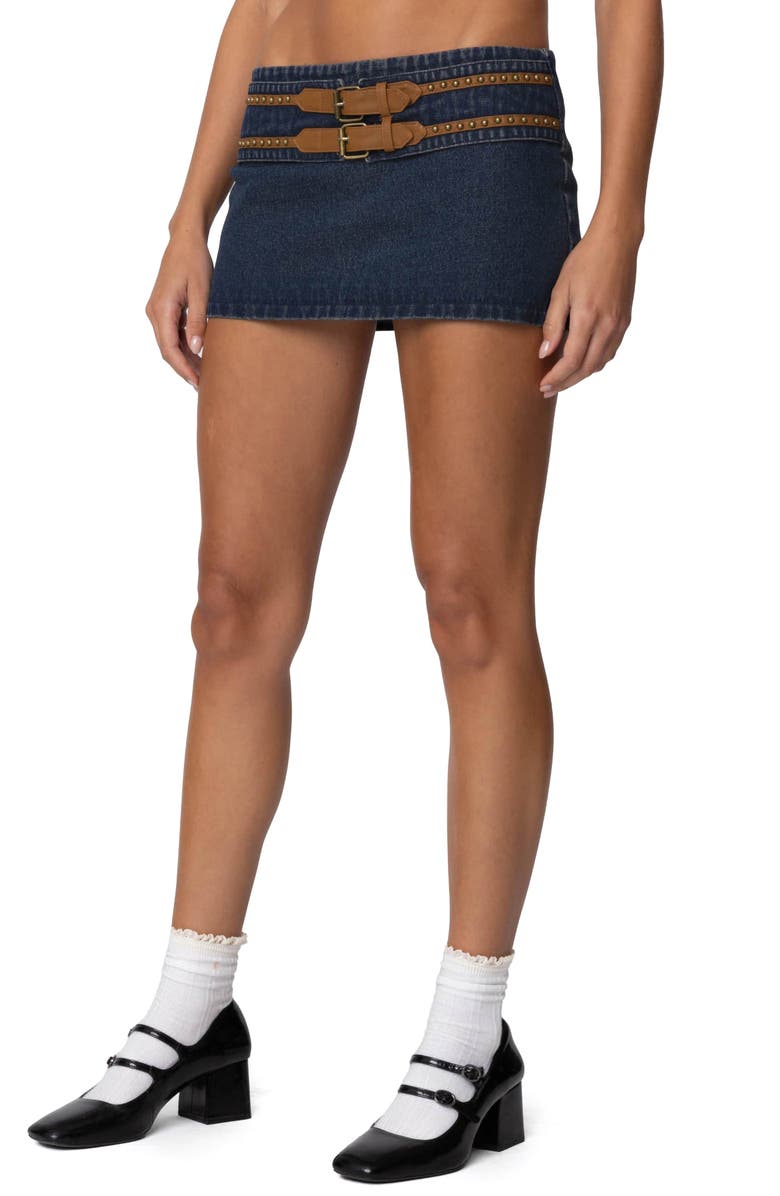 EDIKTED Skye Double Buckle Low Rise Denim Miniskirt, Alternate, color, Blue