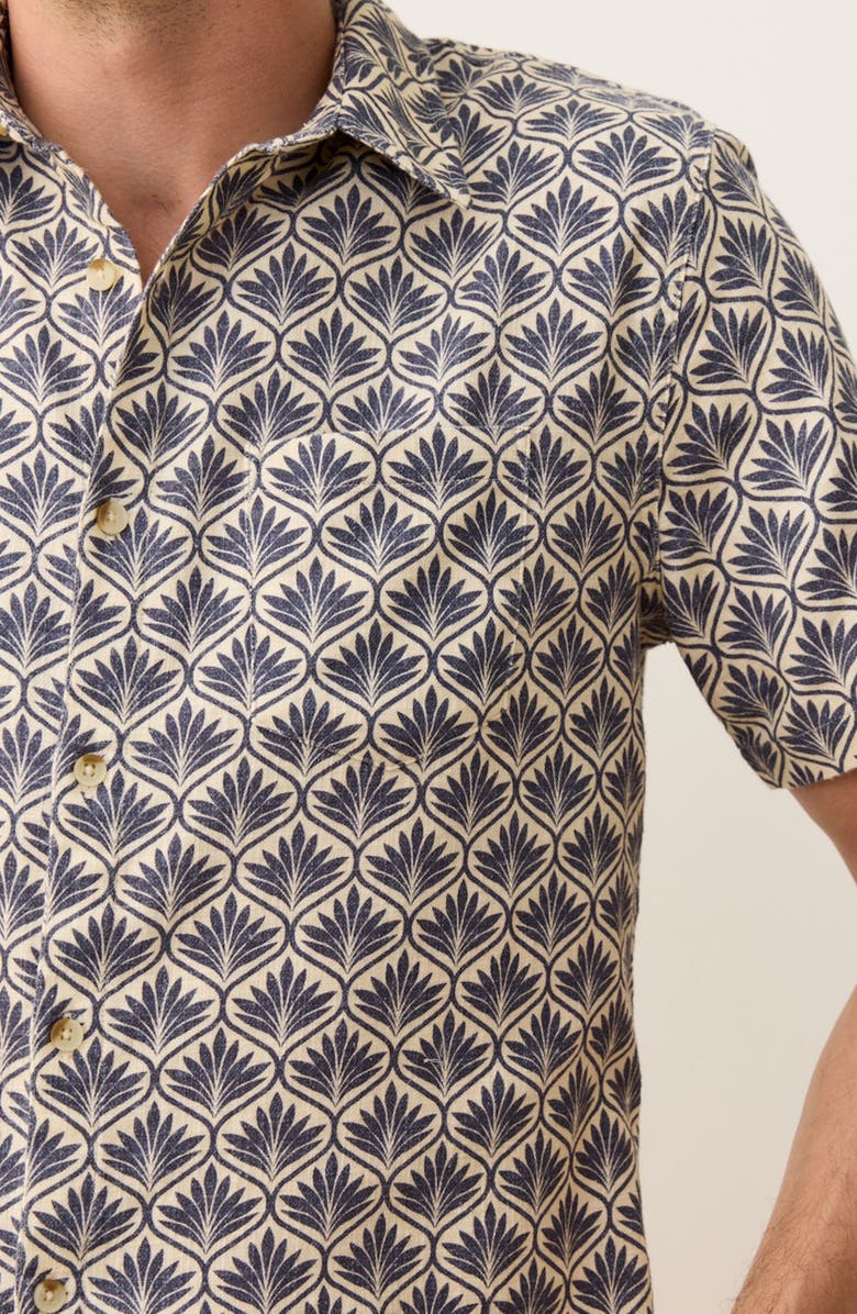 Marine Layer Leaf Print Short Sleeve Stretch Cotton Selvage Button-Up Shirt, Alternate, color, India Ink Agave Print