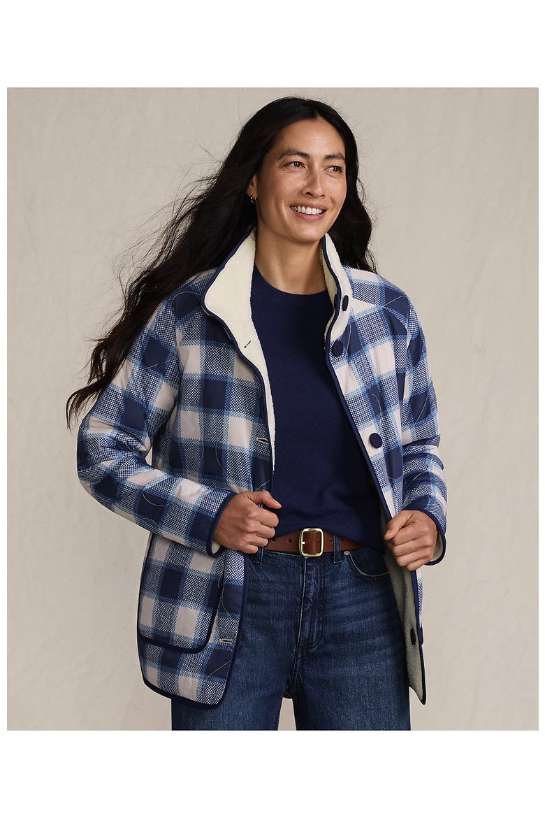 High Pile Fleece Reversible Mixed Media Long Jacket, Alternate, color, Ivory/Navy Check