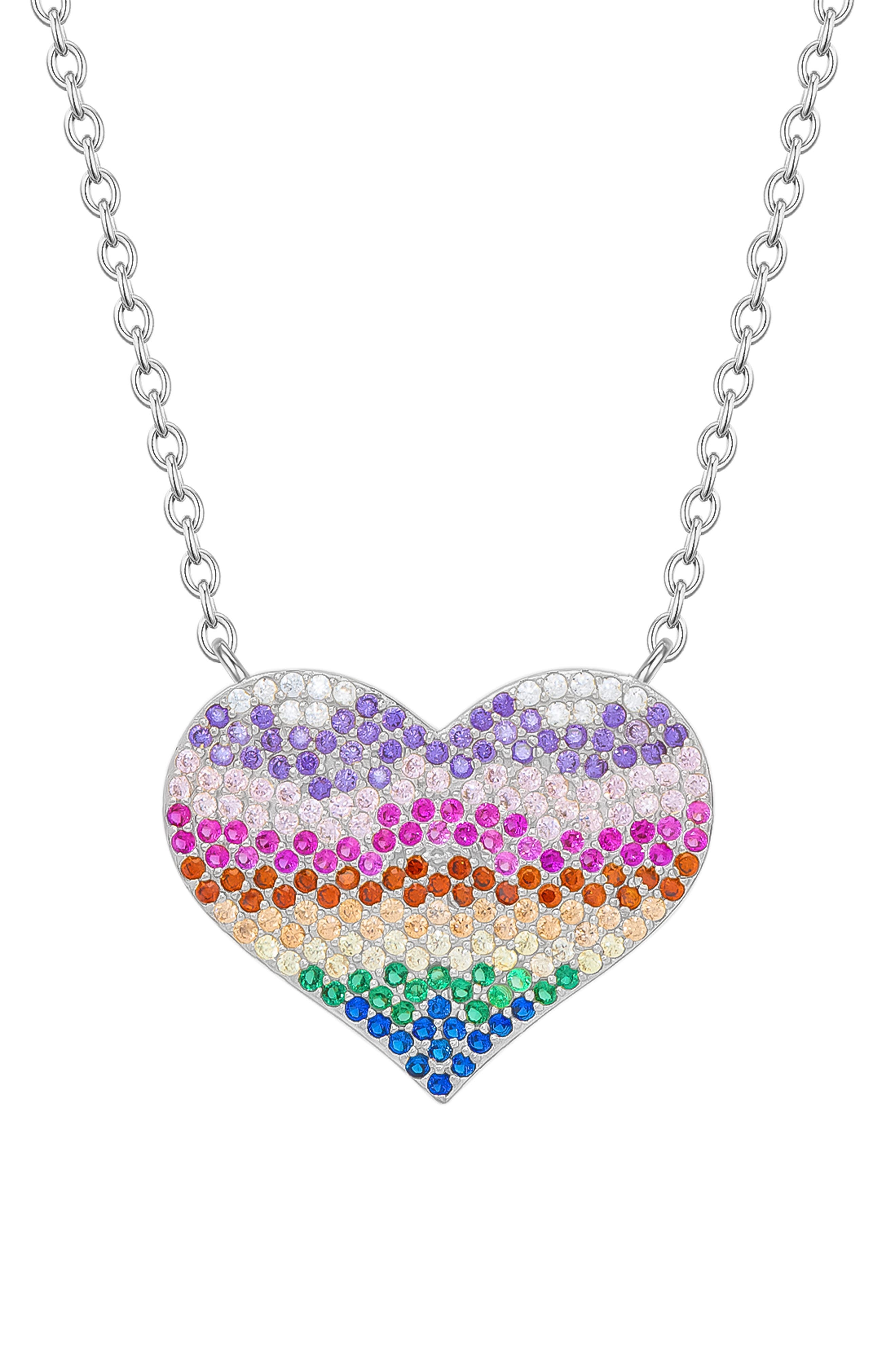 Lily Nily Kids' Rainbow Cubic Zirconia Heart Pendant Necklace in Multi Silver 