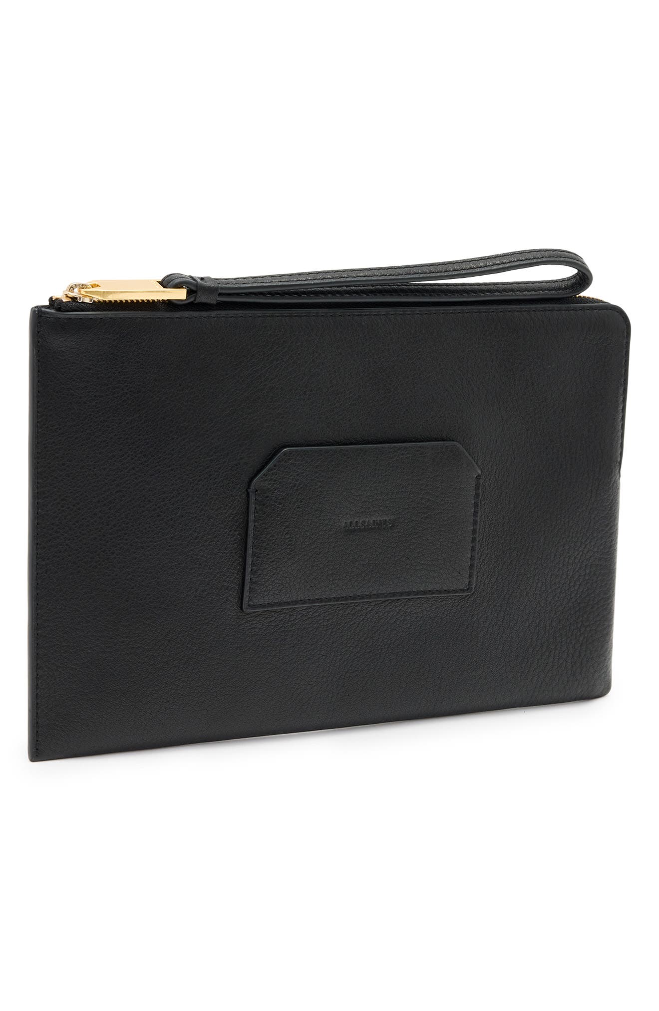 AllSaints Joshi Large Leather Wristlet Clutch, Alternate, color, Black