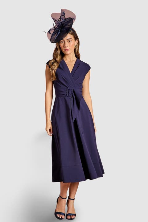 Belted Crepe V-Neck Midi Dress