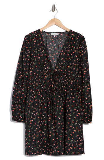 Wayf Floral Long Sleeve Ruched Minidress In Black Ditsy