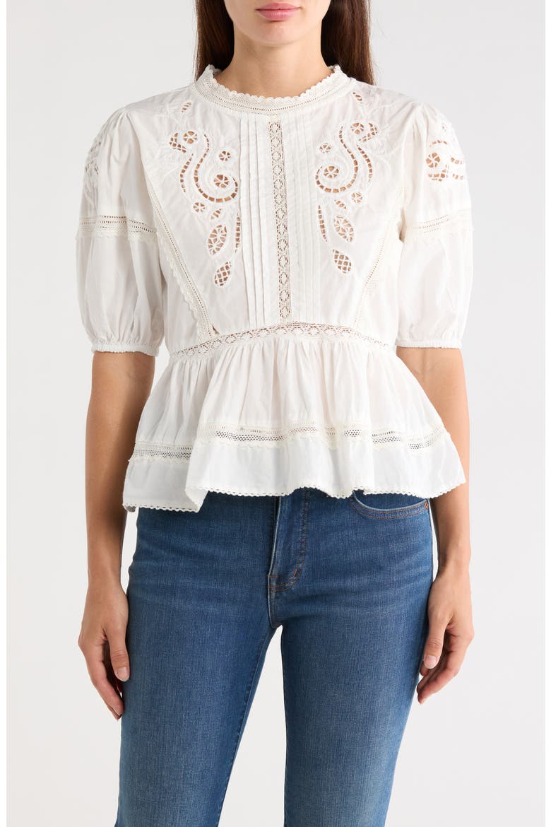 Embroidered Short Sleeve Cotton Peplum Top, Main, color, WHITE