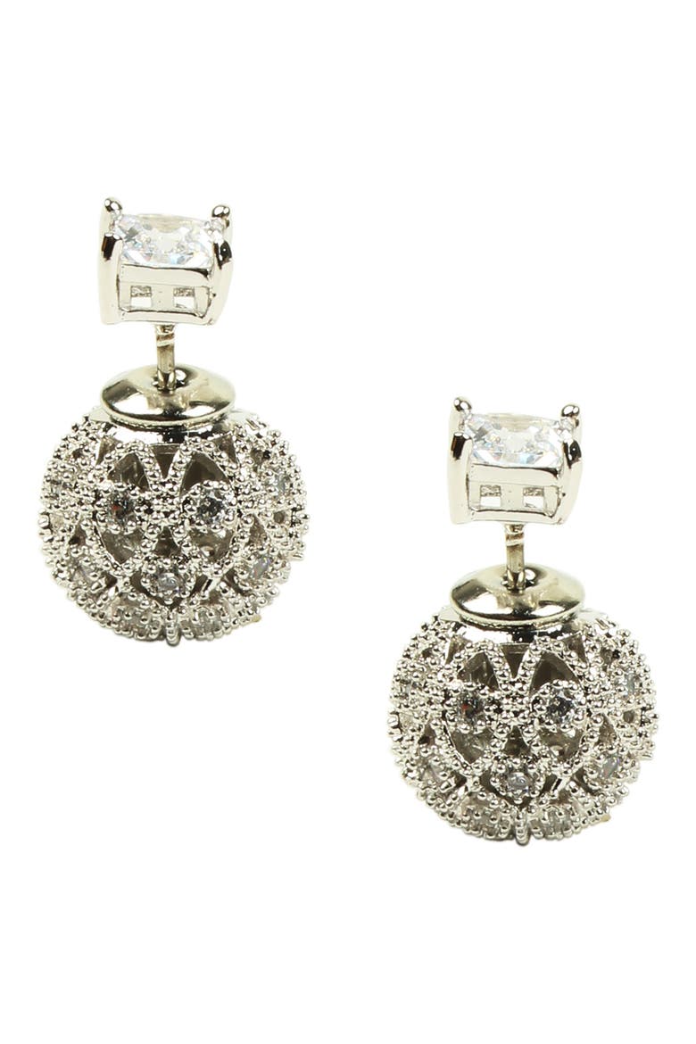 Altair Rhodium Plated Square CZ Front & Back Stud Earrings, Main, color, SILVER