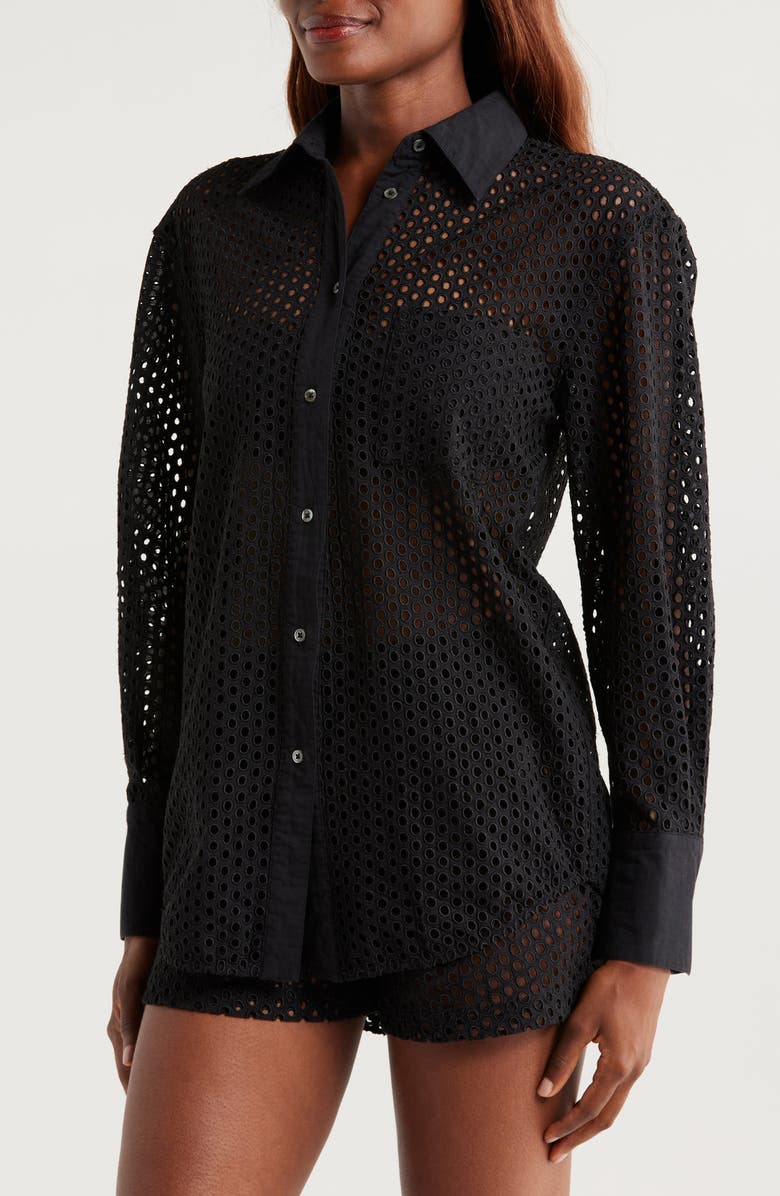 Solid & Striped The Bronte Embroidered Eyelet Long Sleeve Cover-Up Tunic Shirt, Alternate, color, Noir