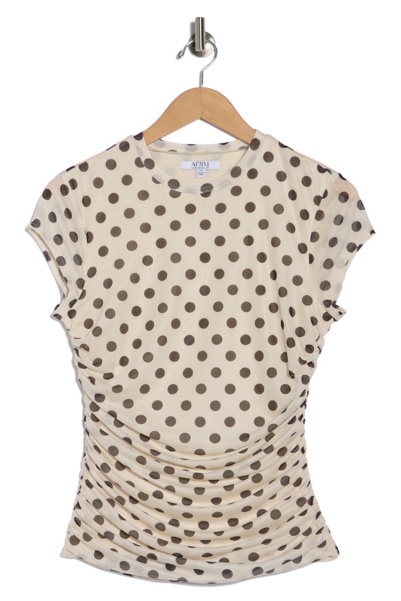 Lacey Cap Sleeve Ruched Mesh Top, Alternate, color, CLASSIC DOTS