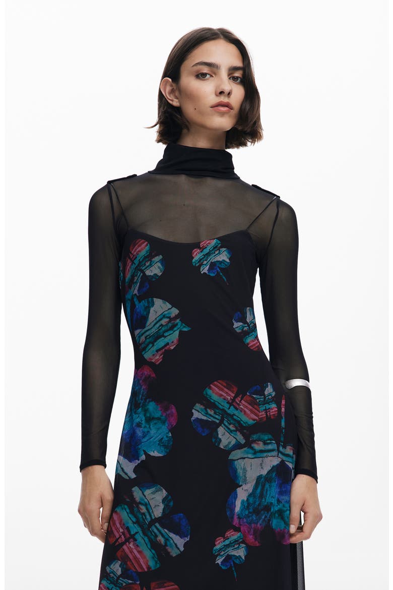 Long Sleeve Floral Print Dress, Alternate, color, BLACK