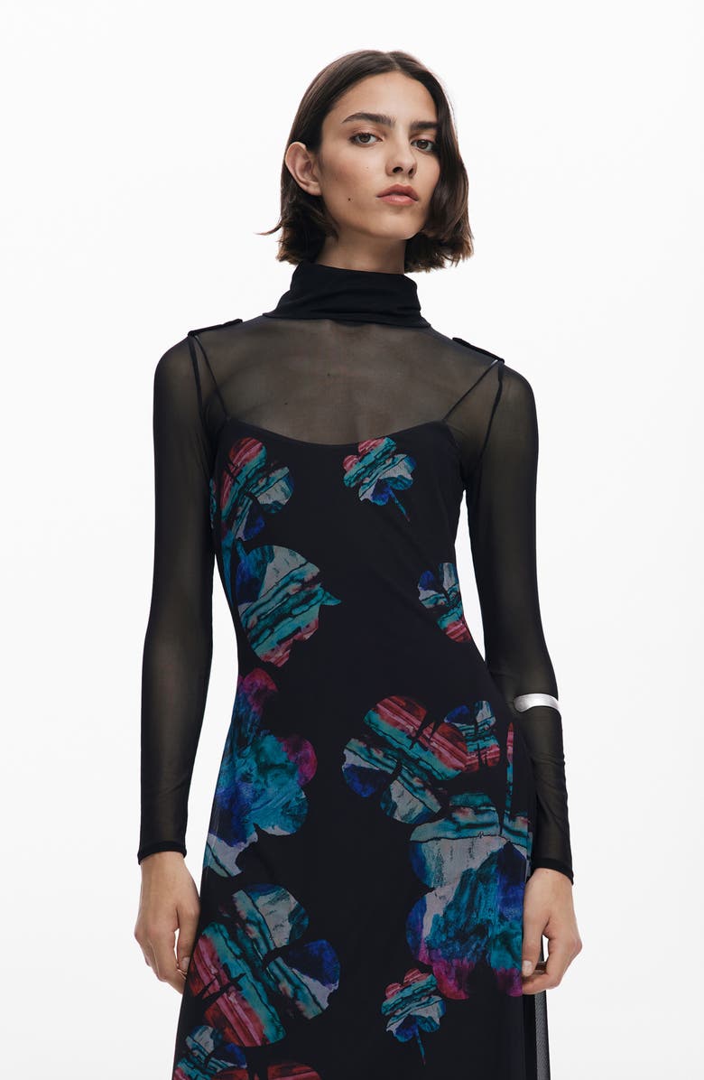 Desigual Long Sleeve Floral Print Dress, Alternate, color, Black