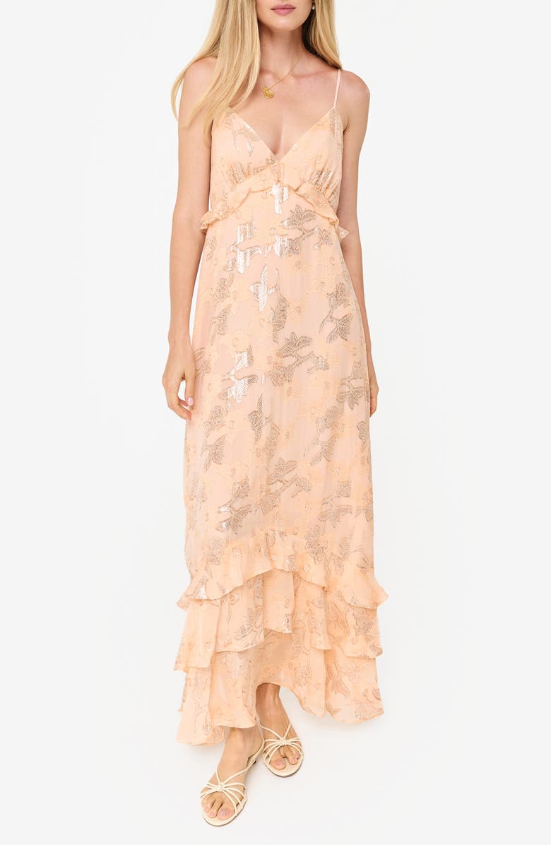 CAMI NYC Esmerelda Metallic Floral Ruffle Detail Silk Blend Dress, Main, color, 