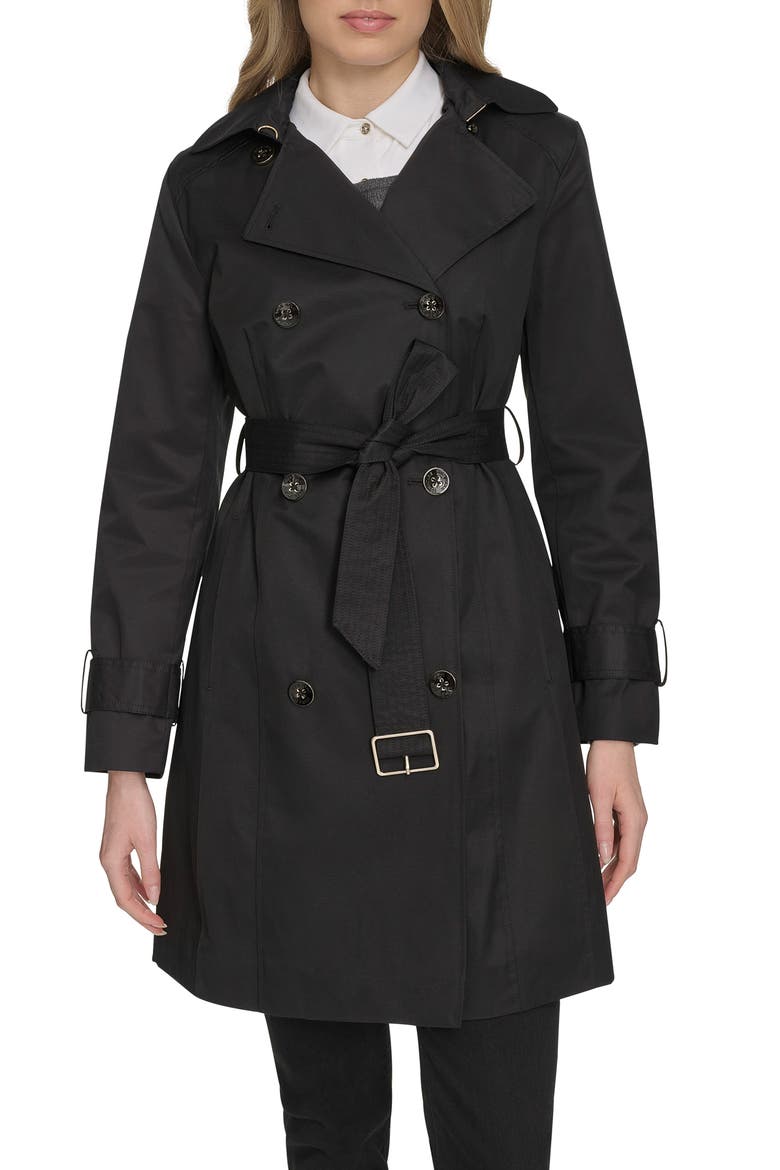 Water Resistant Trench Coat with Removable Hood, Main, color, BLACK