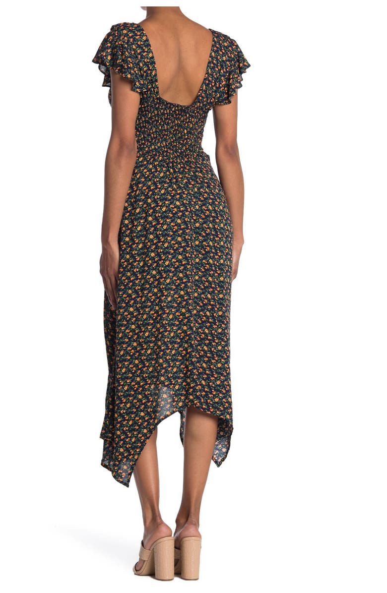 KENEDIK Floral Ruffled Handkerchief Hem Midi Dress, Alternate, color,