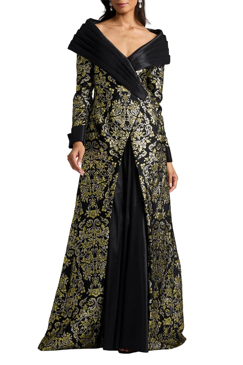 Metallic Floral Jacquard Long Sleeve Mixed Media Gown, Main, color, GOLD/ MULTI