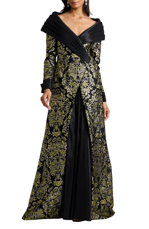 Metallic Floral Jacquard Long Sleeve Mixed Media Gown