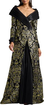 Tadashi Shoji Metallic Floral Jacquard Long Sleeve Mixed Media Gown