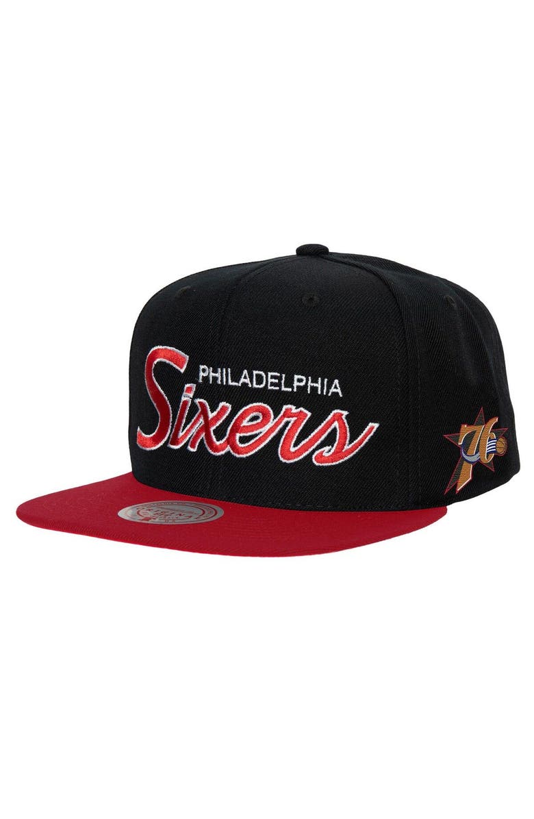 Mitchell
Ness Men
s Mitchell
Ness Black Philadelphia 76ers Hardwood Classics MVP Team Script 2.0 Snapback Hat, Main, color, Black