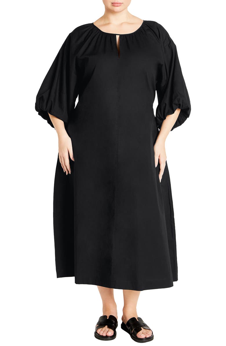 City Chic Jamie Balloon Sleeve Cotton Midi Dress, Main, color, Black