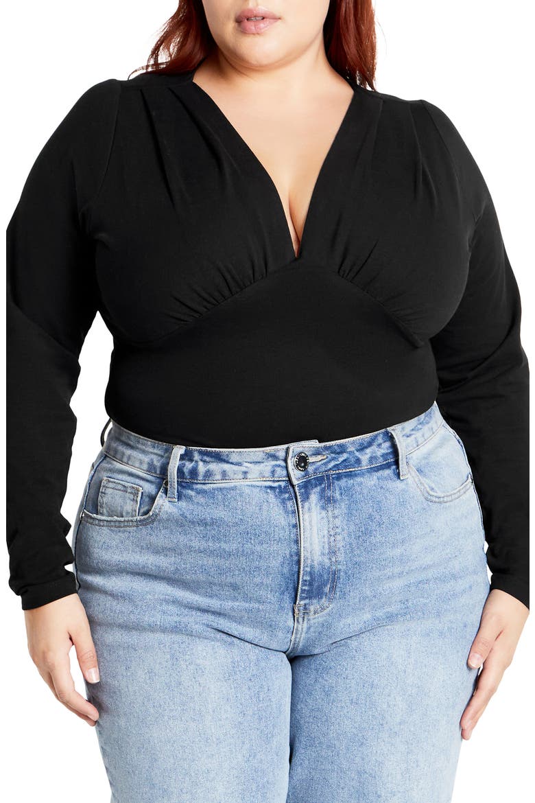 Amelia Pleated Long Sleeve Stretch Cotton Bodysuit, Main, color, BLACK