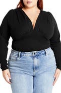 City Chic Amelia Pleated Long Sleeve Stretch Cotton Bodysuit