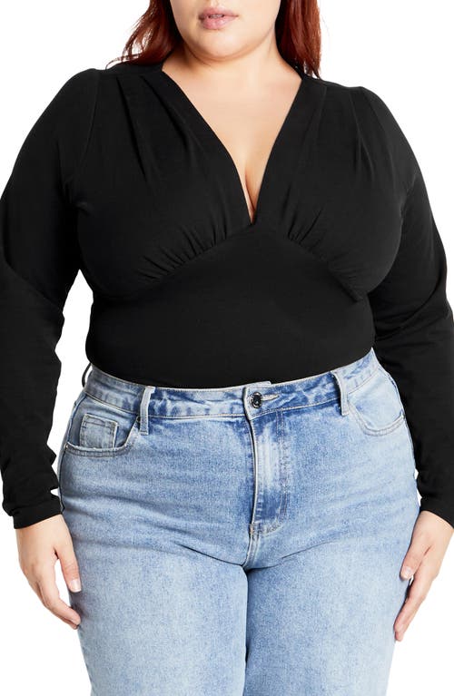 City Chic Amelia Pleated Long Sleeve Stretch Cotton Bodysuit In Black