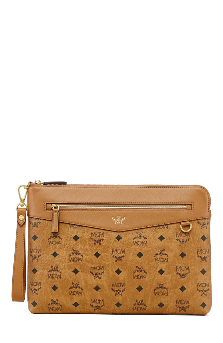 MCM Diamond Wristlet Pouch in Visetos, Main, color, Brown