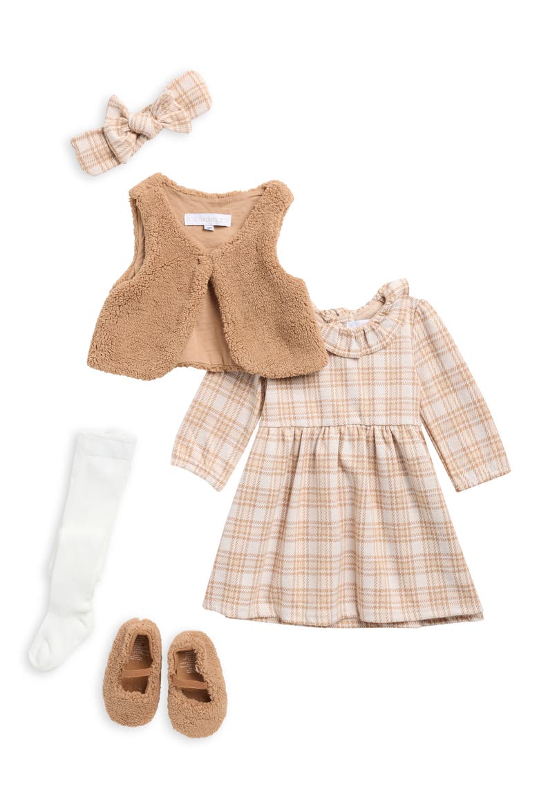 Plaid Dress, Fleece Vest, Socks, Booties & Headband, Main, color, LIGHT/ PASTEL BROWN