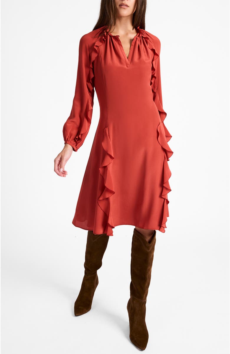 Santorelli Jayda Silk Long Sleeve Ruffle Dress, Alternate, color, Rust