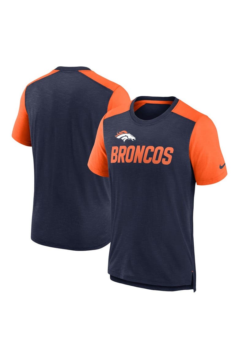 Men's Nike Heathered Navy/Heathered Orange Denver Broncos Color Block Team Name T-Shirt, Main, color, Heather Navy