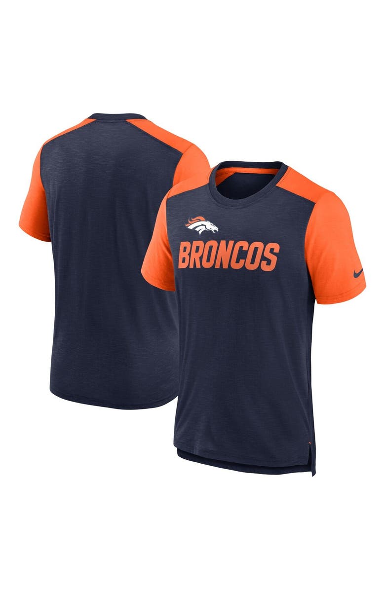 Nike Men's Nike Heathered Navy/Heathered Orange Denver Broncos Color Block Team Name T-Shirt, Main, color, Heather Navy