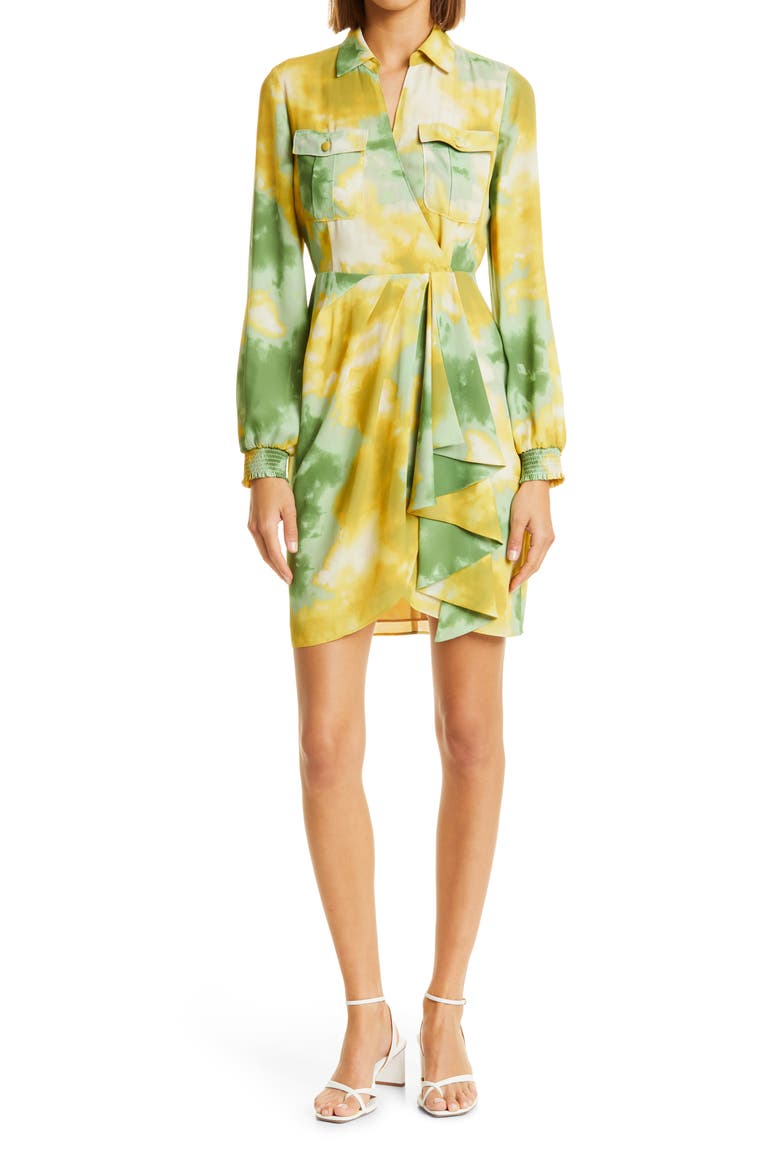 Tie Dye Wrap Front Long Sleeve Shirtdress, Main, color, LEAF TIE DYE