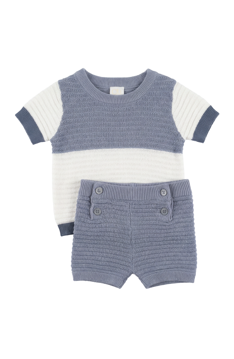 Clô Mutli Textured Contrast Knit Shorts Set, Main, color, Blue Grey