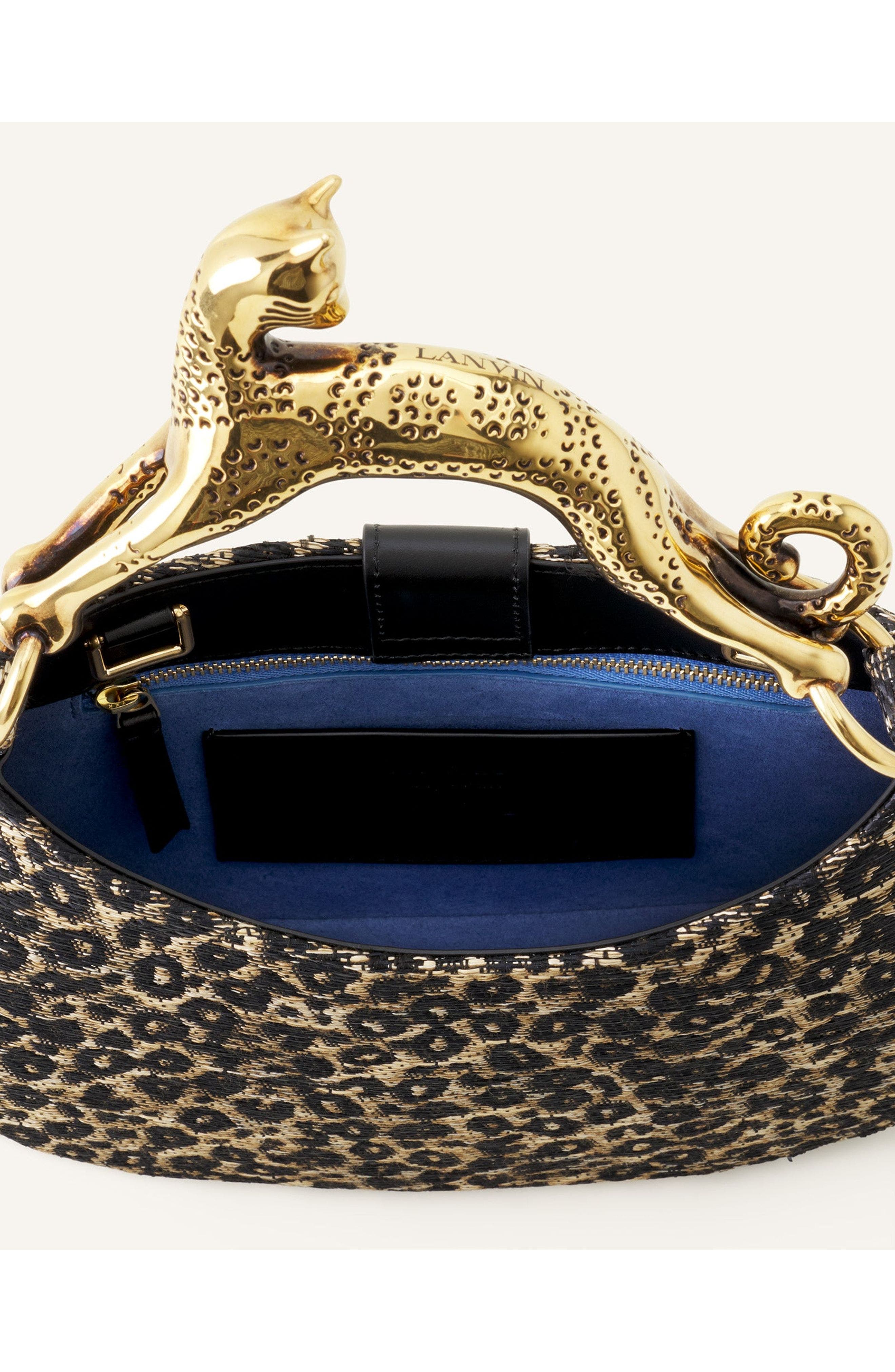 Lanvin Hobo Cat Small Raffia Bag With A Leopard Print And Cat Handle, Alternate, color, Beige/Black