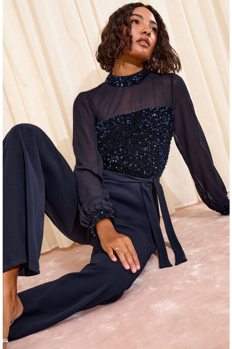 Sequin Mixed Media Long Sleeve Jumpsuit, Alternate, color, NAVY BLUE