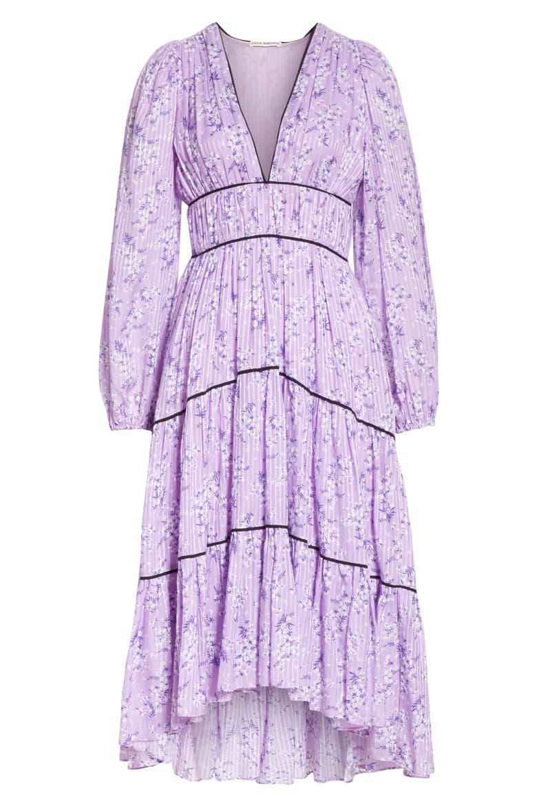 Joan Floral Print Cotton & Silk Midi Dress, Alternate, color, LILAC