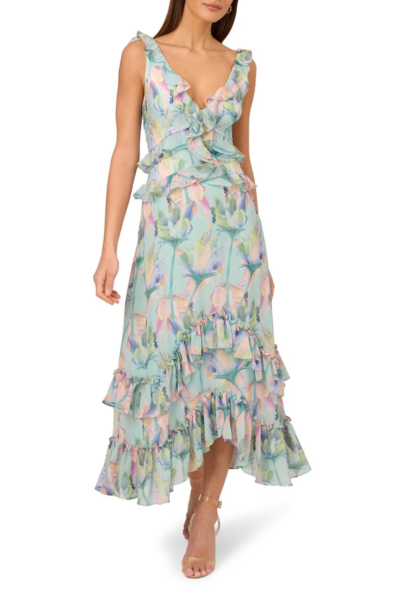 Floral Ruffle Detail Handkerchief Hem Midi Dress, Main, color, MINT MULTI