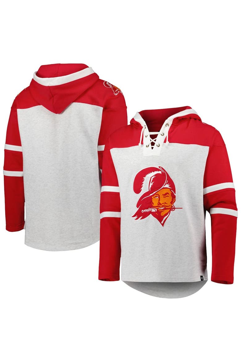 Men's '47 Tampa Bay Buccaneers Heather Gray Historic Logo Gridiron Lace-Up Pullover Hoodie, Main, color, Gray