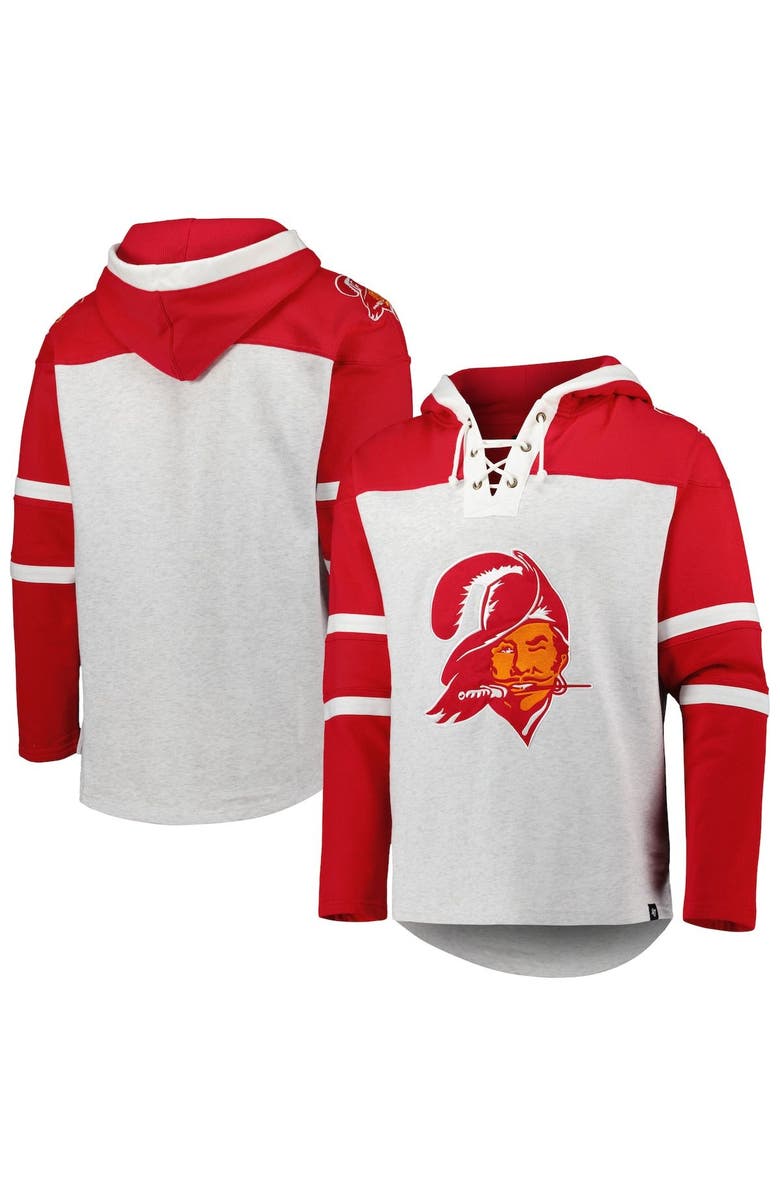 '47 Men's '47 Tampa Bay Buccaneers Heather Gray Historic Logo Gridiron Lace-Up Pullover Hoodie, Main, color, Gray