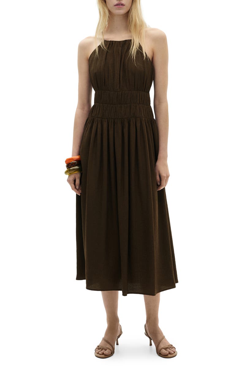 MANGO Smock Waist Midi Dress, Main, color, Brown