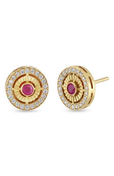 18K Gold El Mar Gemstone & Diamond Circle Stud Earrings (Online Trunk Show)