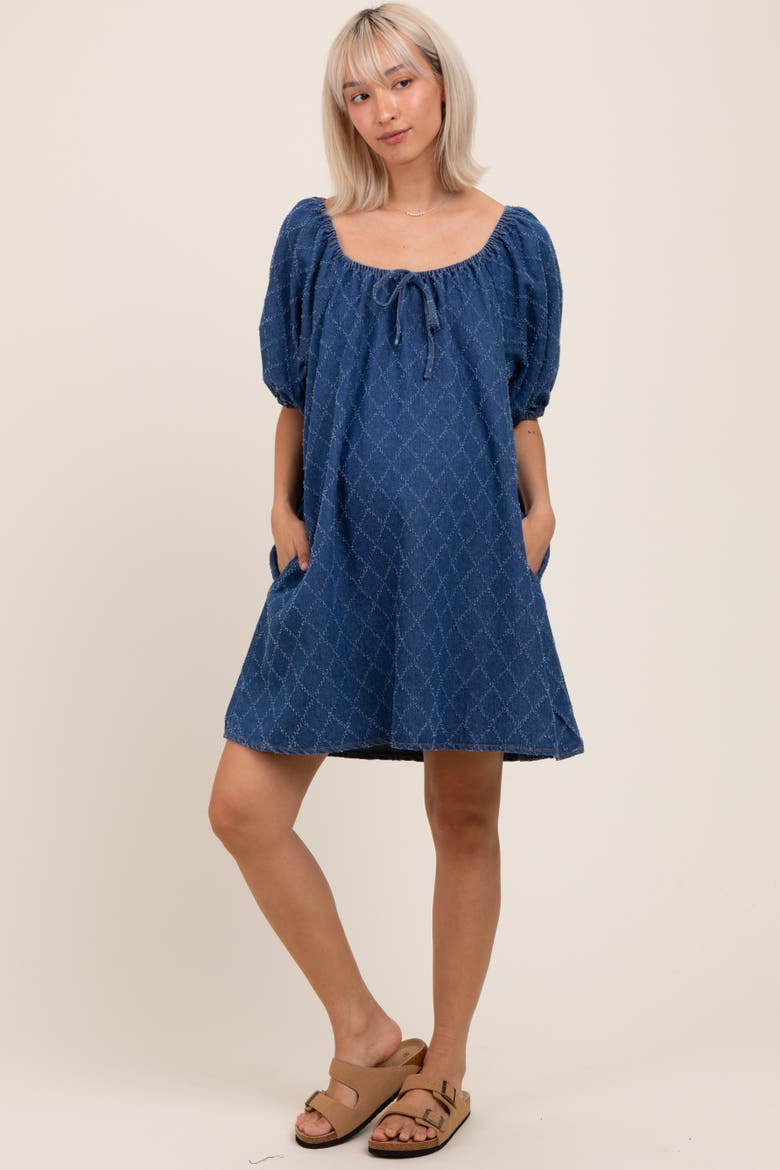 Chambray Jacquard Puff Sleeve Mini Dress, Alternate, color, Navy Blue