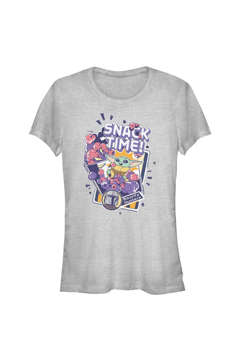 Juniors Star Wars The Mandalorian and Grogu The Child Happy Snack Time T Shirt, Main, color, Athletic Heather