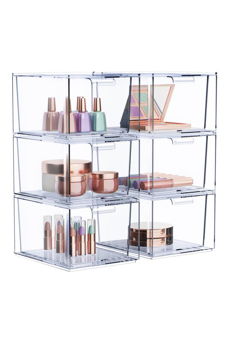 Set of 6 Clear Stackable Storage Drawers, Main, color, CLEAR