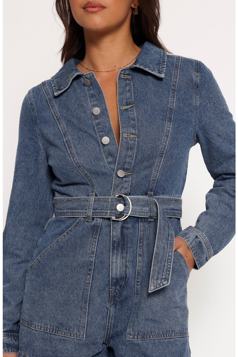 Brady Belted Denim Long Sleeve Romper, Alternate, color, BLUE