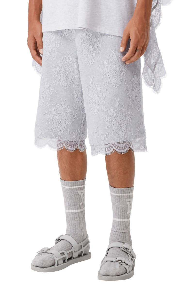 Drawstring Shorts with Lace Overlay, Alternate, color, LIGHT PEBBLE GREY