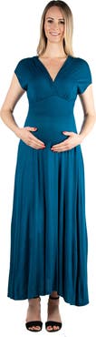 24seven Comfort Apparel Maternity Cap Sleeve V-Neck Maxi Dress
